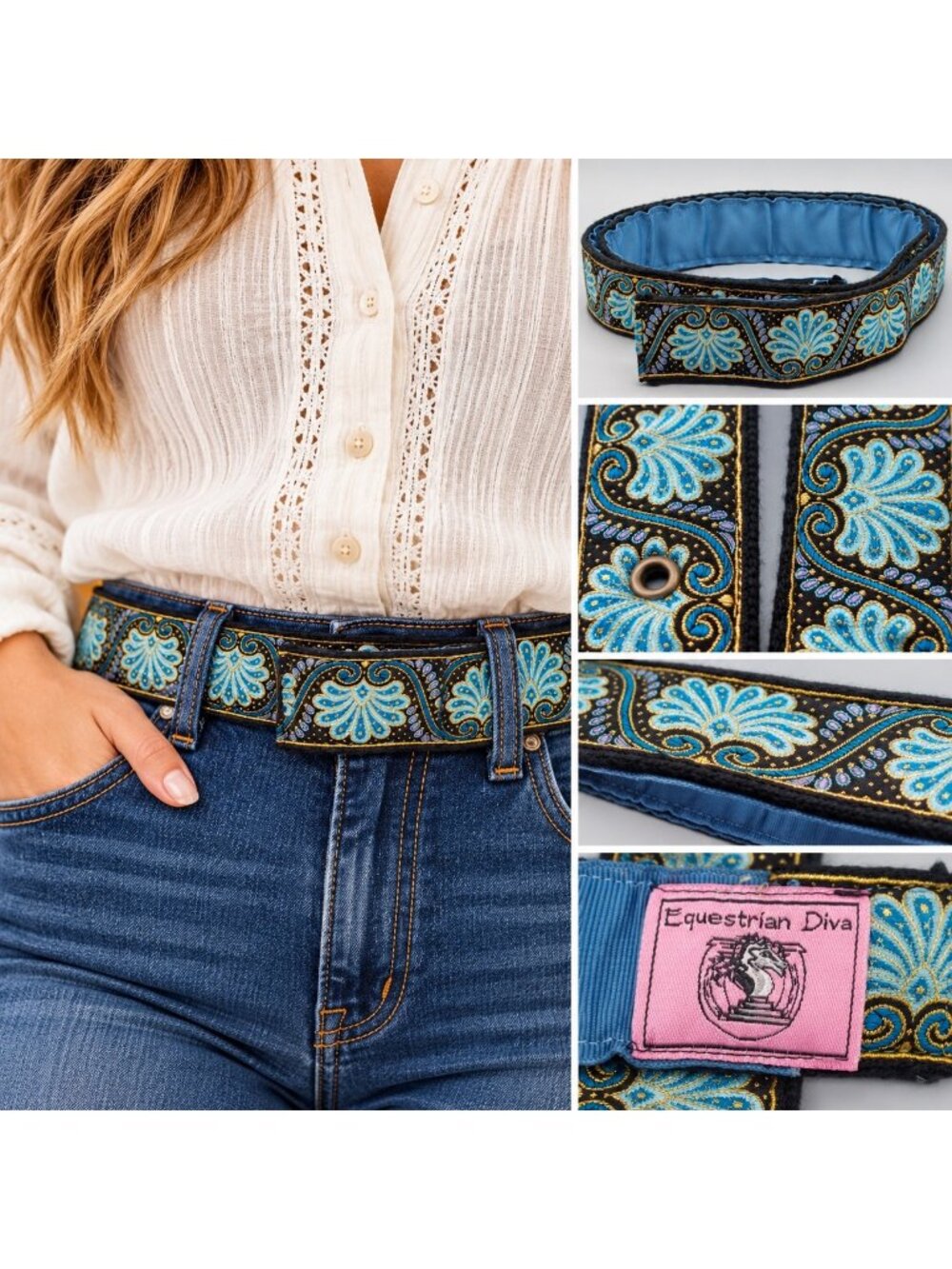 Equestrian Diva Belt Blue Gold Floral Jacquard Ribbon Horse Riding